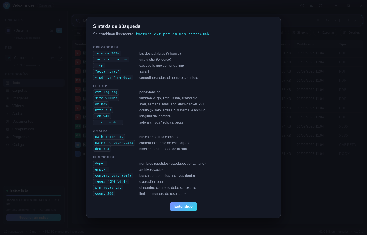 Ventana de VeloxFinder con la chuleta de sintaxis abierta sobre la lista de resultados
