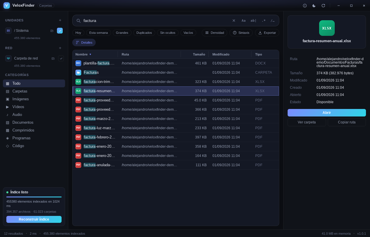Panel de detalles de VeloxFinder mostrando ruta, tamaño y fechas de un archivo